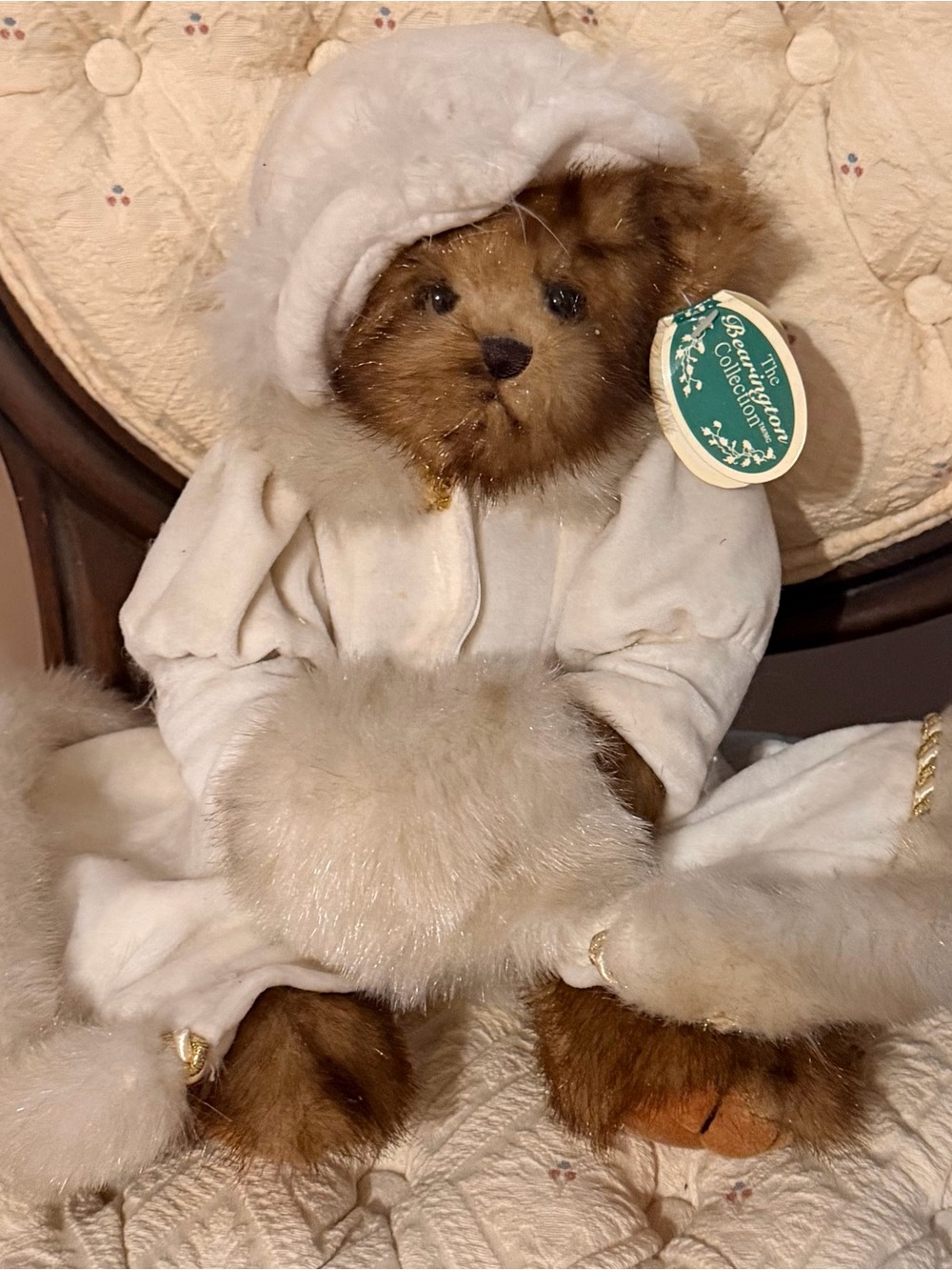 The Bearington Collection Plush Bear in Cream Color Velour and Fur Trim Outfit